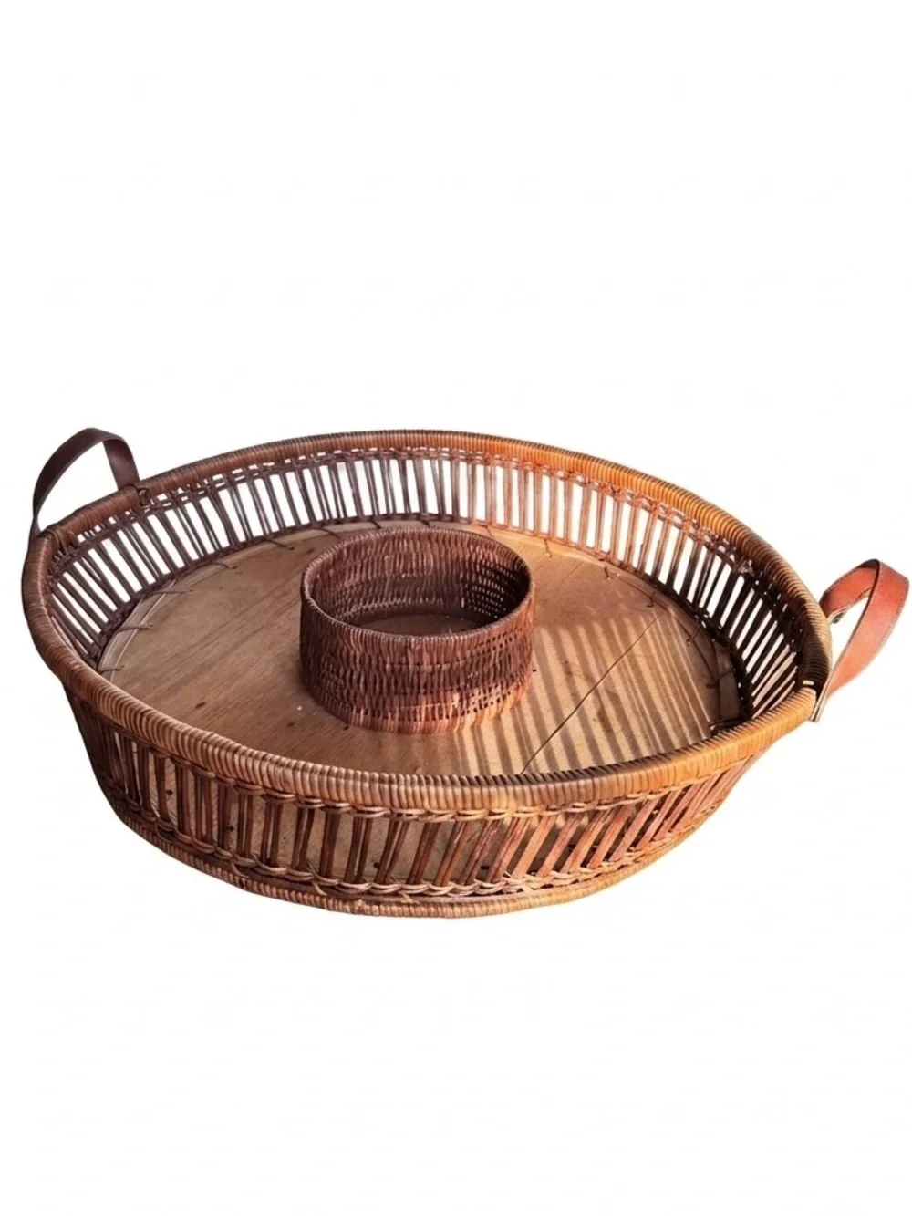 VTG Round Woven Rattan Serving Tray with Center Basket - Brown